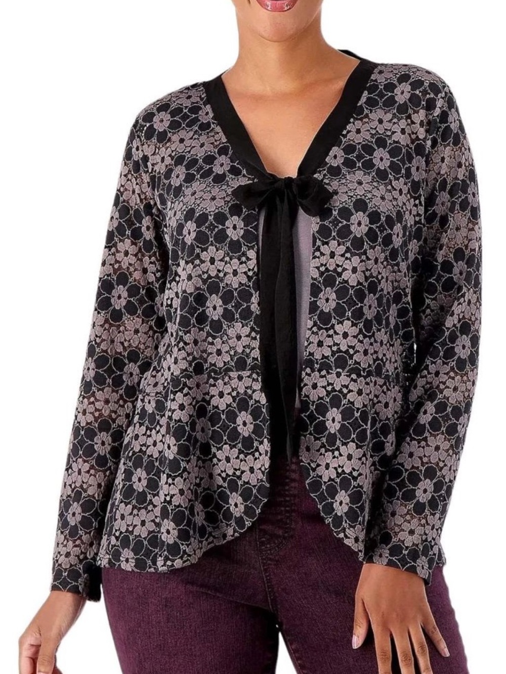Floral Lace Overlay Cardigan with Ribbon Tie - Lori Goldstein